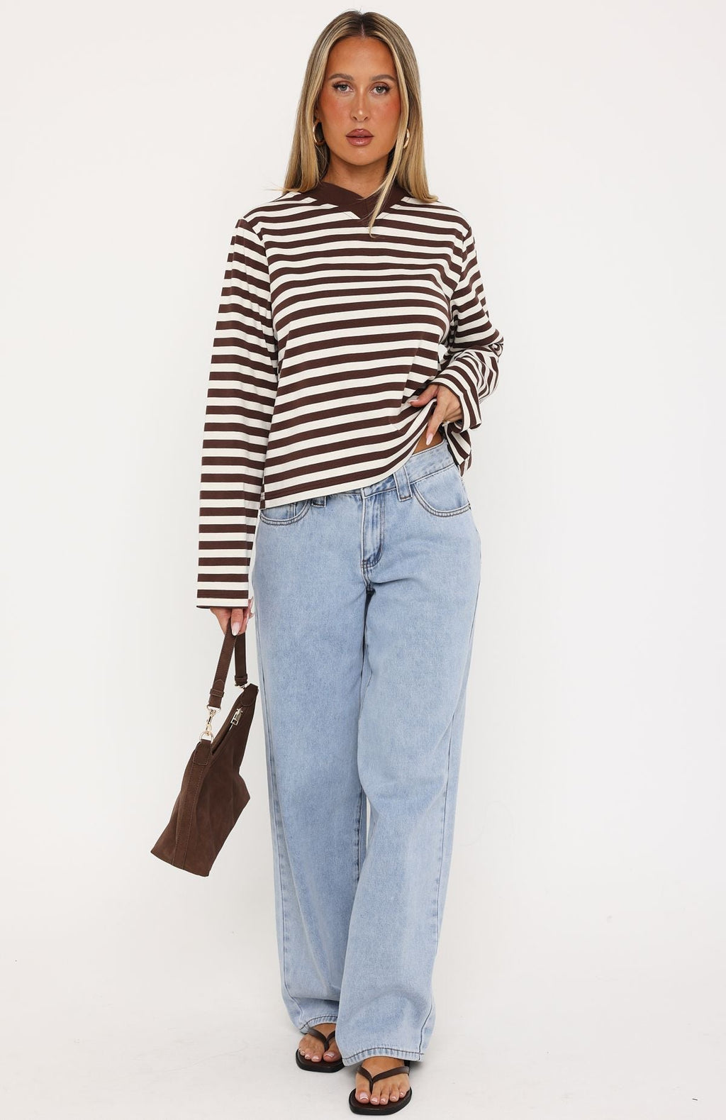 Cozy State Long Sleeve V Neck Tee Chocolate/Off White Stripe