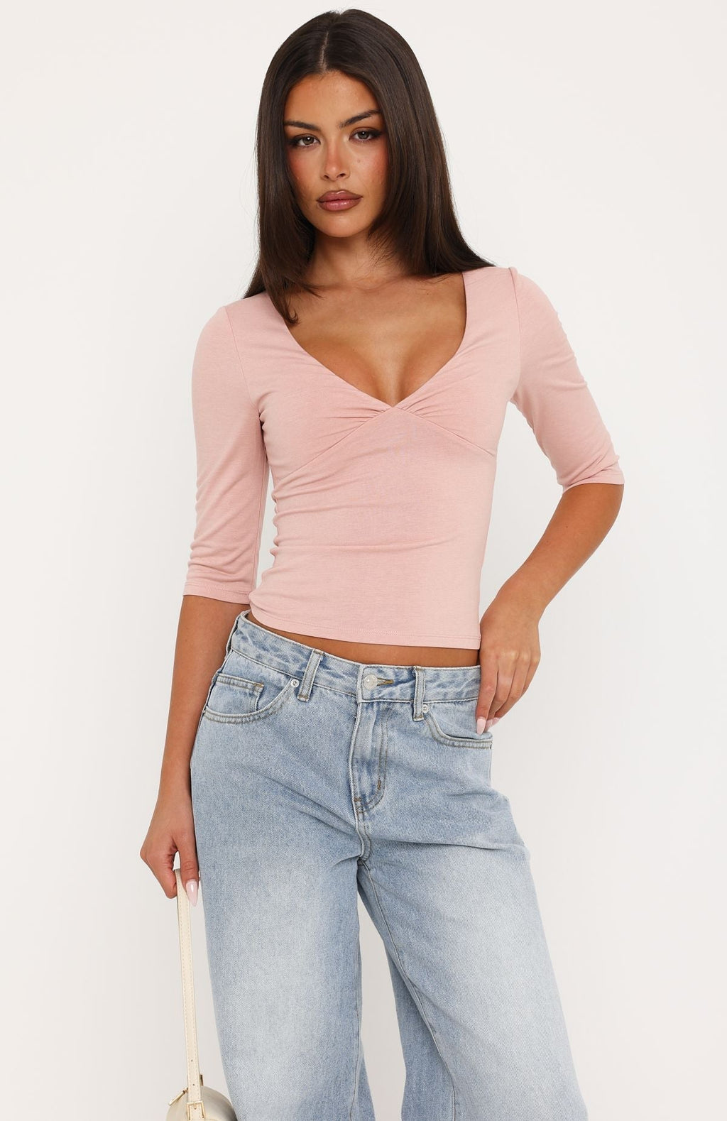 Little Bit Of Everything 3/4 Sleeve V Neck Top Dusty Pink