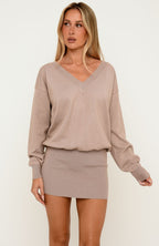 Quiet Wonders Long Sleeve Knit Mini Dress Taupe