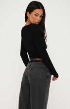 Sparks Fly Cinched Waist Off Shoulder Long Sleeve Top Black