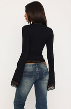 Better Left Unsaid Lace Trim Long Sleeve Top Black
