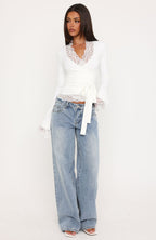 Better Left Unsaid Lace Trim Long Sleeve Top Off White