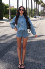 Cooler Than You Denim Bomber Jacket Brown Blue Acid Wash