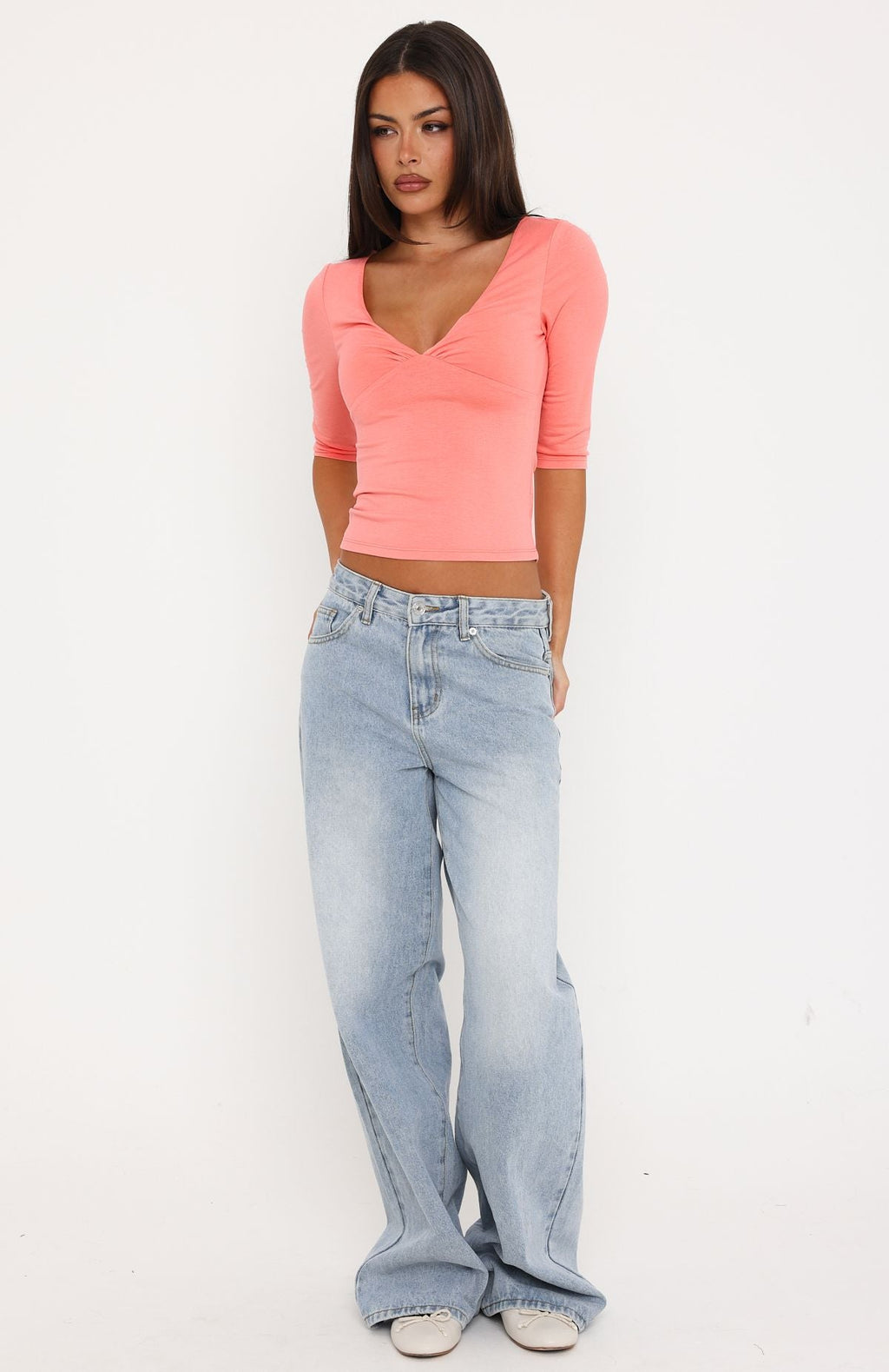 Little Bit Of Everything 3/4 Sleeve V Neck Top Peach
