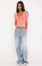 Little Bit Of Everything 3/4 Sleeve V Neck Top Peach