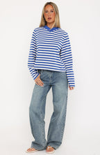 Cozy State Long Sleeve V Neck Tee Cobalt/Off White Stripe