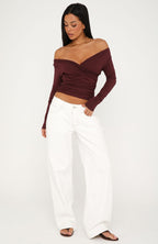 Sparks Fly Cinched Waist Off Shoulder Long Sleeve Top Cherry Chocolate
