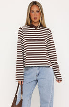 Cozy State Long Sleeve V Neck Tee Chocolate/Off White Stripe