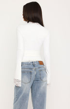 Better Left Unsaid Lace Trim Long Sleeve Top Off White
