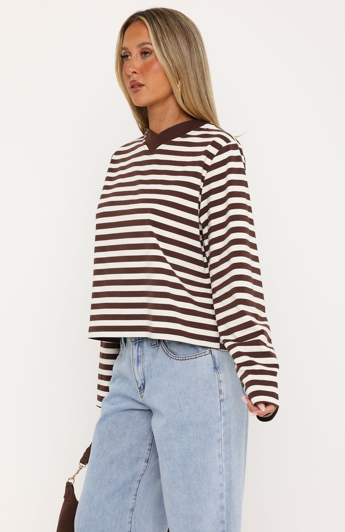 Cozy State Long Sleeve V Neck Tee Chocolate/Off White Stripe