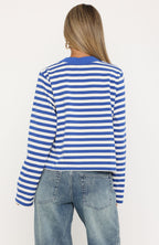 Cozy State Long Sleeve V Neck Tee Cobalt/Off White Stripe
