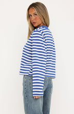 Cozy State Long Sleeve V Neck Tee Cobalt/Off White Stripe