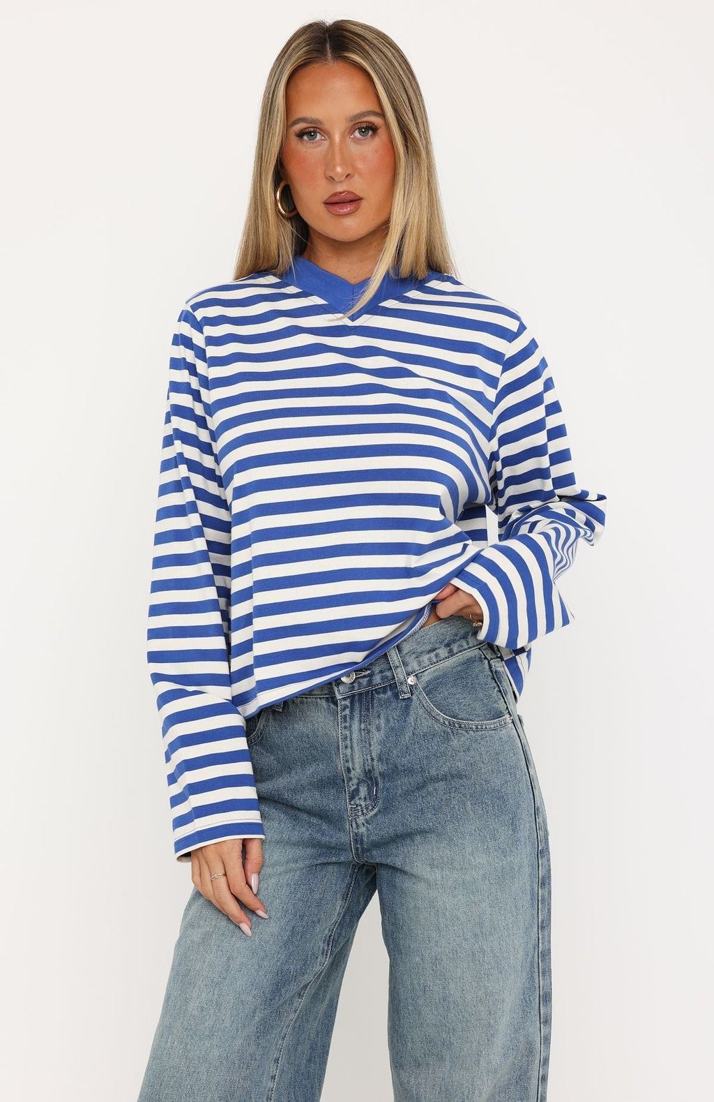 Cozy State Long Sleeve V Neck Tee Cobalt/Off White Stripe