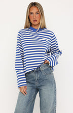 Cozy State Long Sleeve V Neck Tee Cobalt/Off White Stripe