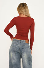 Keep Guessing Long Sleeve Top Wine