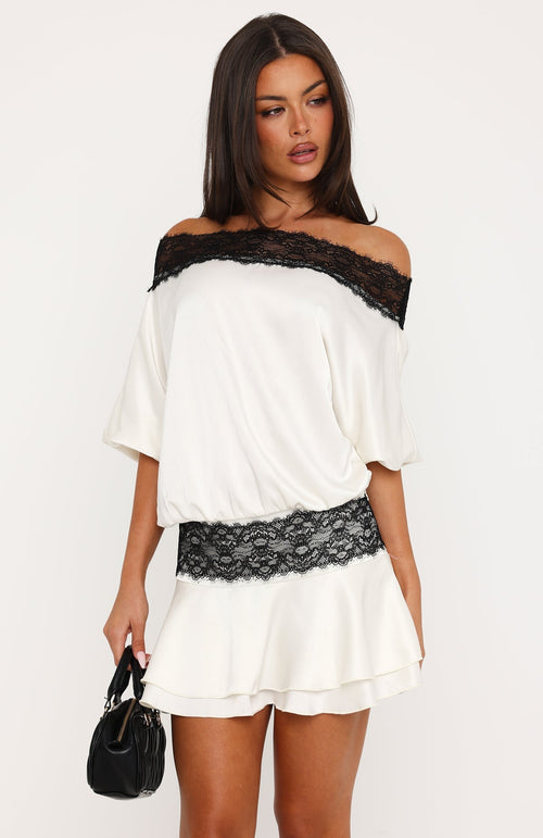 Am I Yours Off Shoulder Satin Mini Dress Cream/Black