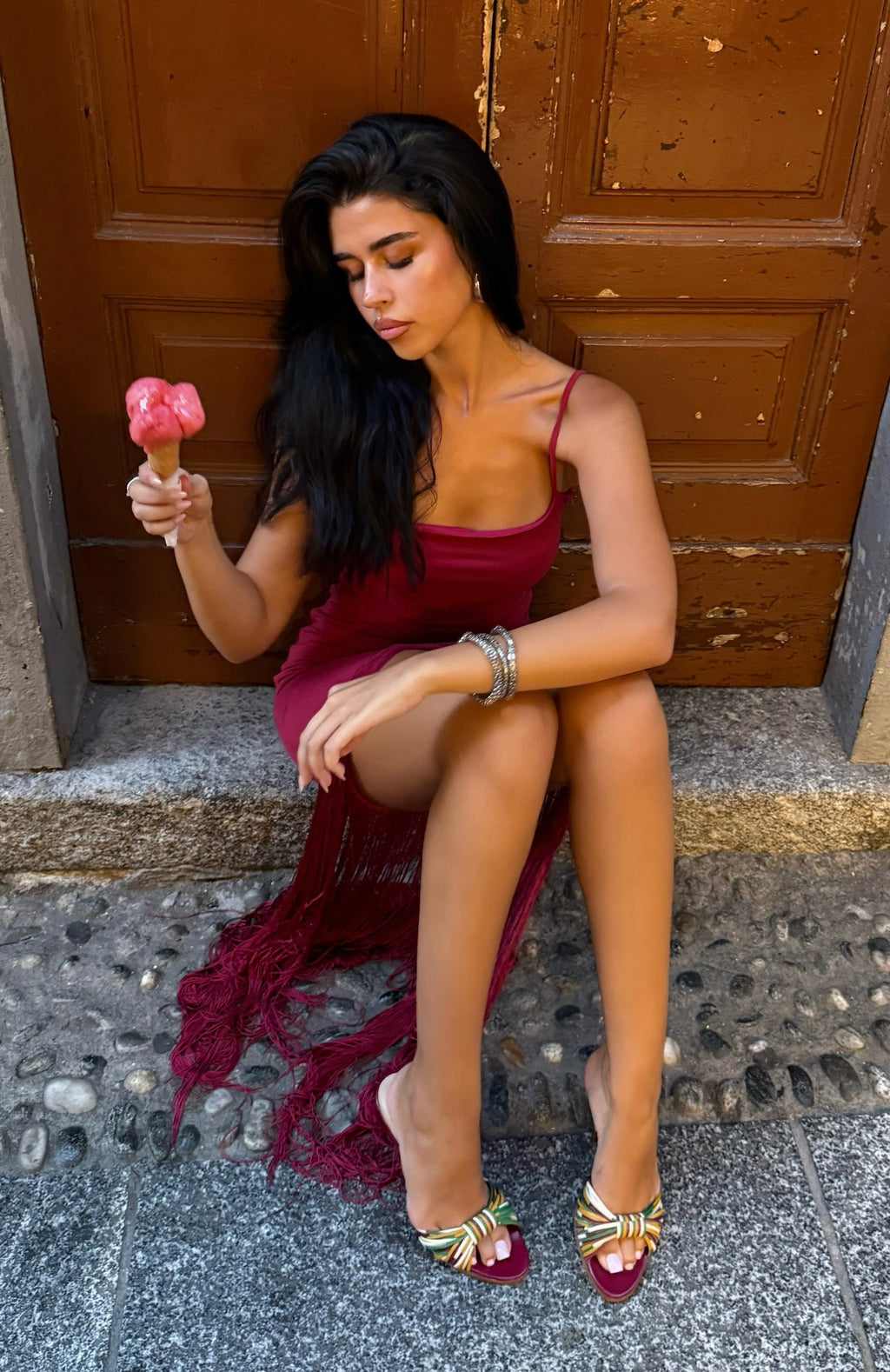 Invisible Fate Fringe Maxi Dress Fuchsia