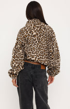 Cosy Moments Fleece Oversized Zip Front Funnel Neck Jacket Cream Leopard Print