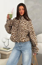 Cosy Moments Fleece Oversized Zip Front Funnel Neck Jacket Cream Leopard Print