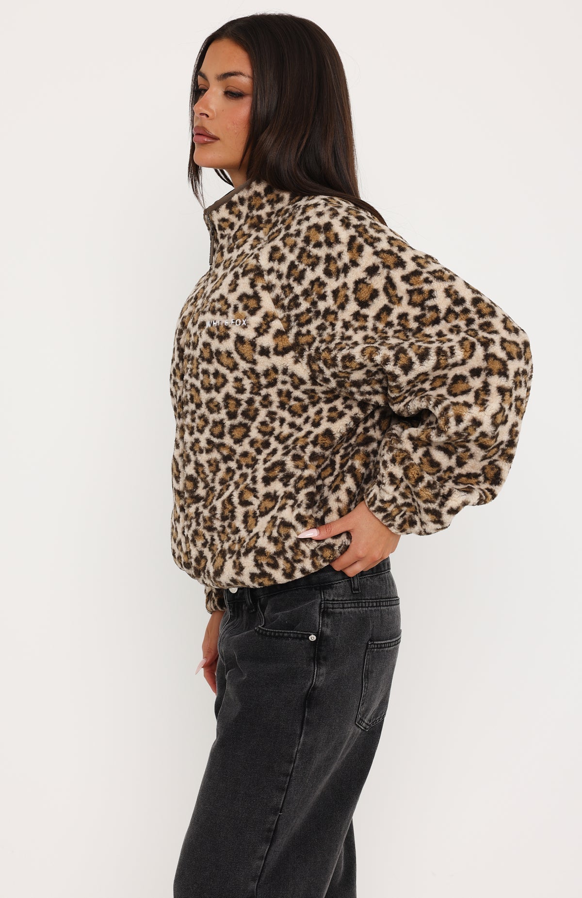 Cosy Moments Fleece Oversized Zip Front Funnel Neck Jacket Cream Leopard Print