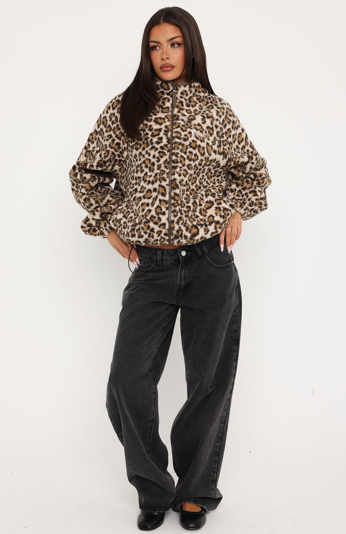 Cosy Moments Fleece Oversized Zip Front Funnel Neck Jacket Cream Leopard Print