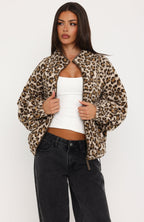 Cosy Moments Fleece Oversized Zip Front Funnel Neck Jacket Cream Leopard Print