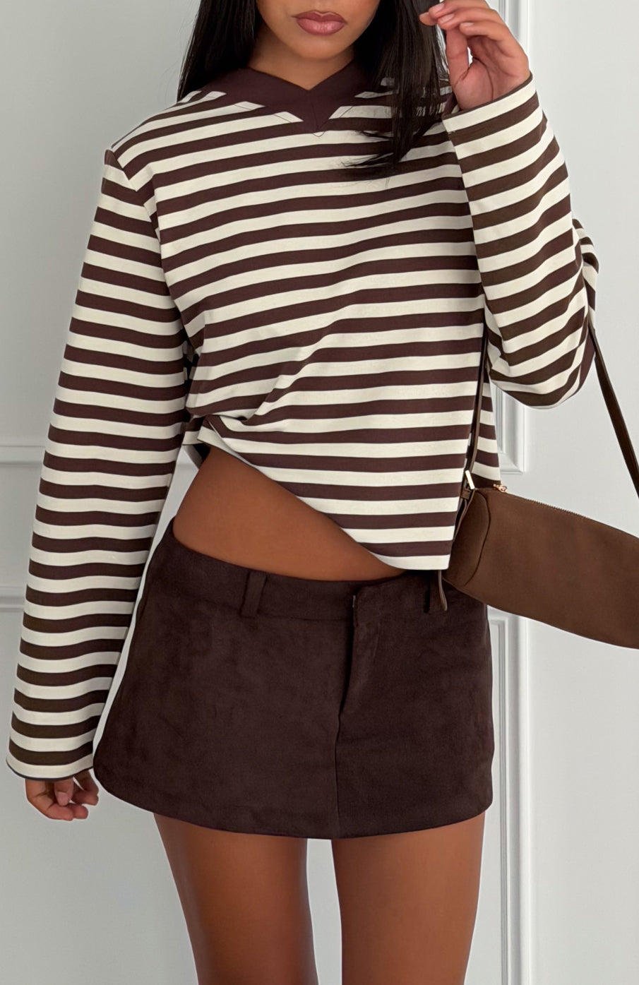 Cozy State Long Sleeve V Neck Tee Chocolate/Off White Stripe