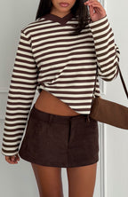 Cozy State Long Sleeve V Neck Tee Chocolate/Off White Stripe