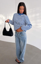 Cozy State Long Sleeve V Neck Tee Cobalt/Off White Stripe