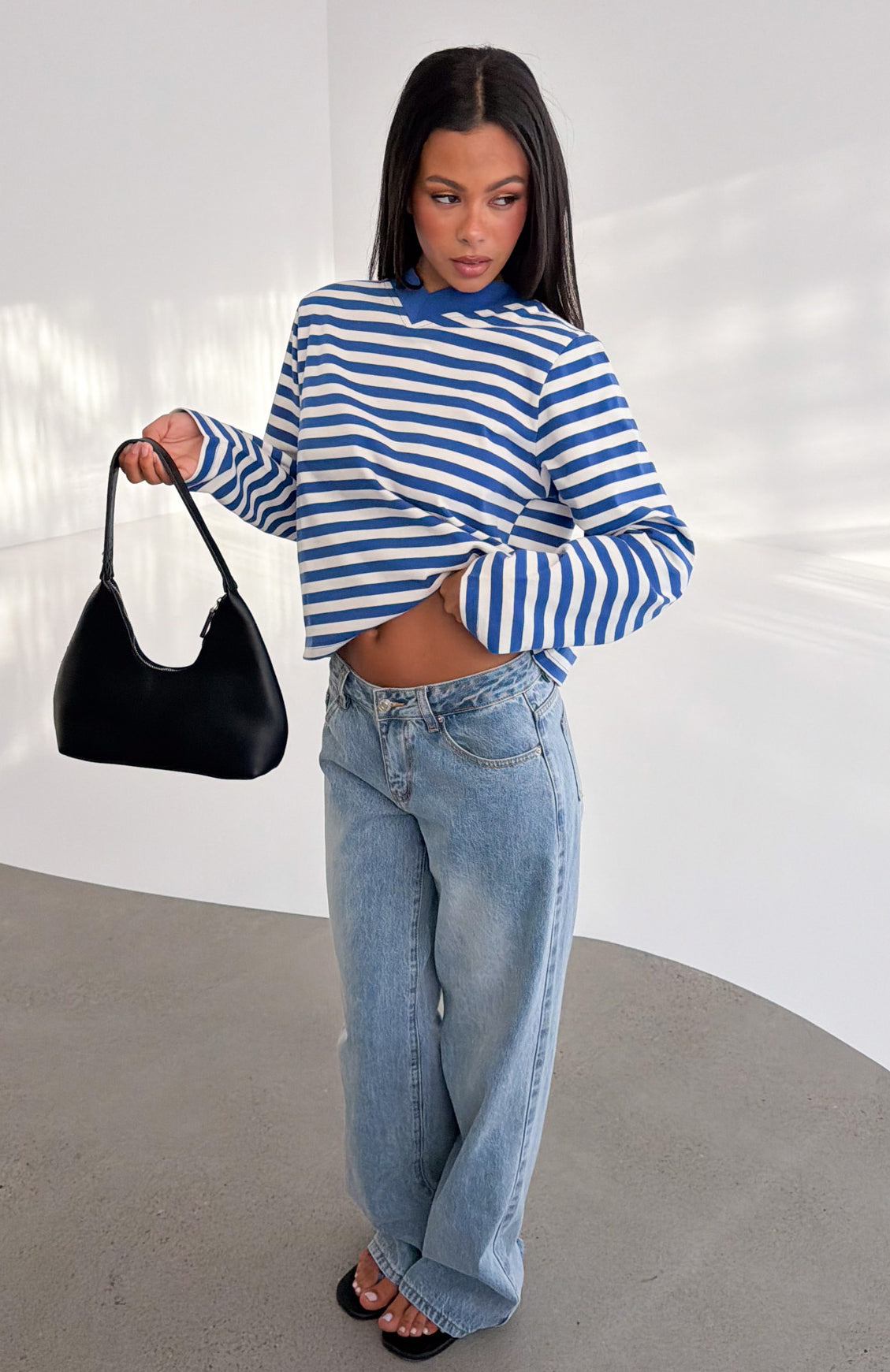 Cozy State Long Sleeve V Neck Tee Cobalt/Off White Stripe