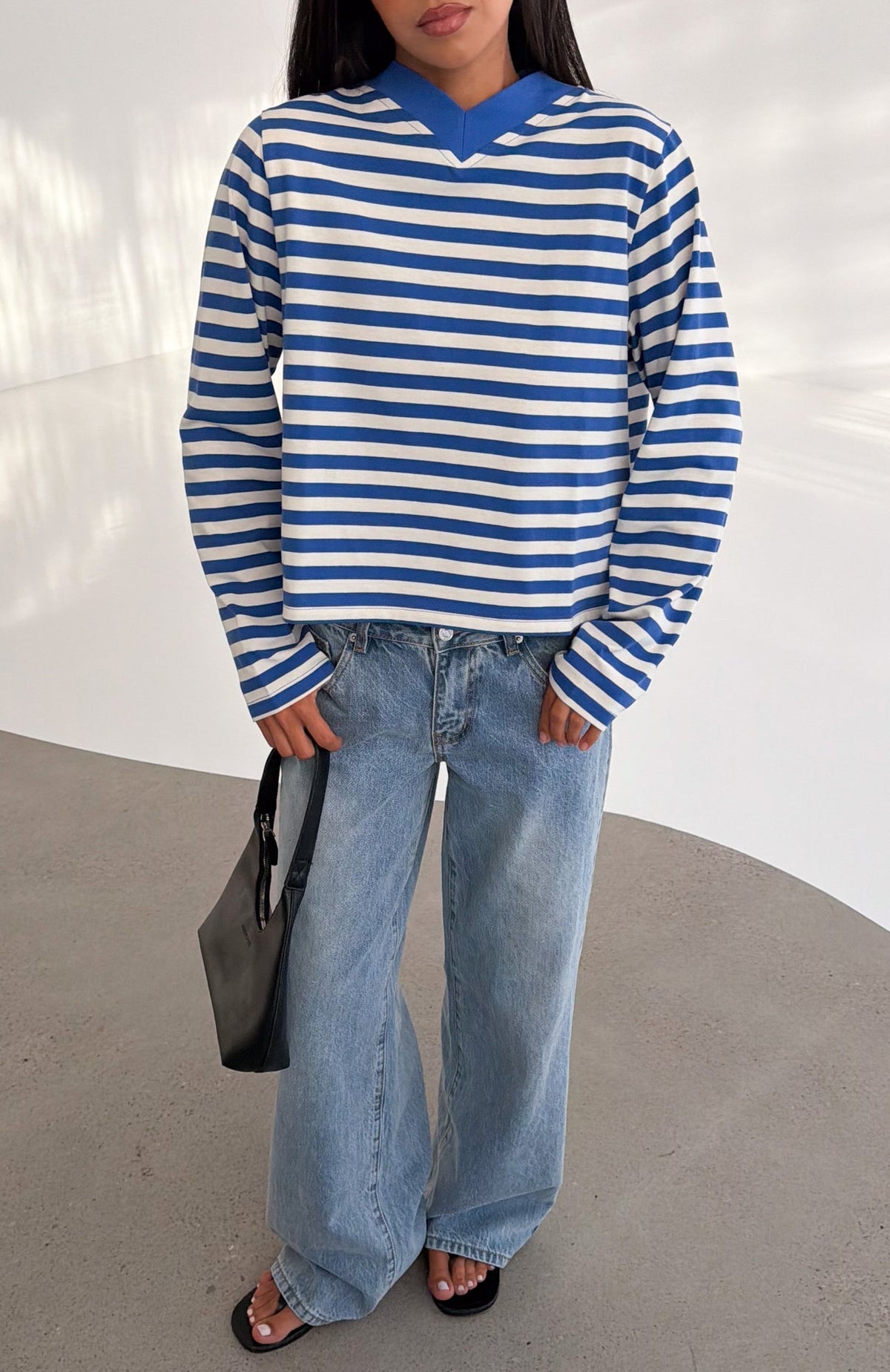 Cozy State Long Sleeve V Neck Tee Cobalt/Off White Stripe