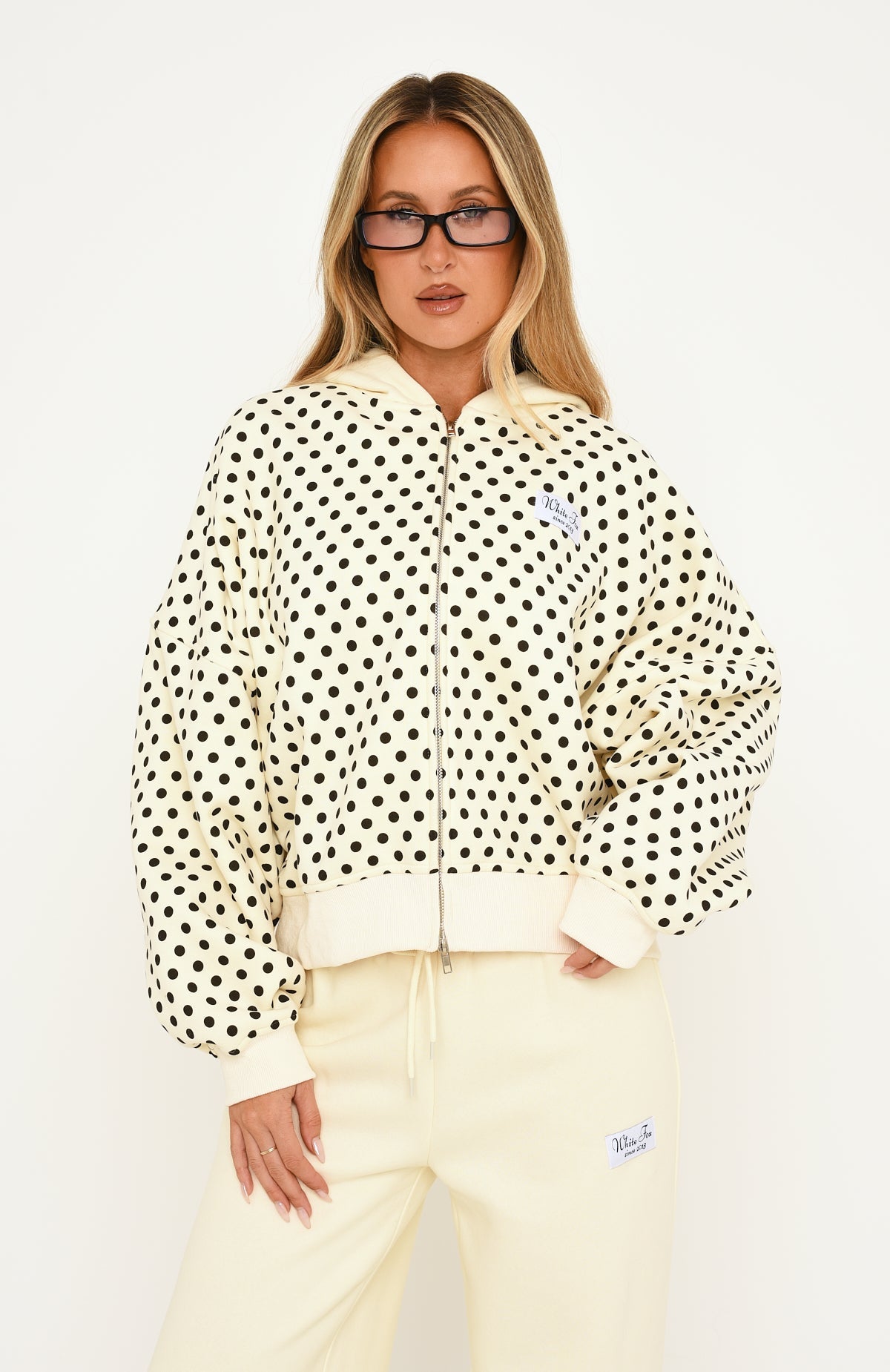 Just Peachy Oversized Slouch Zip Front Hoodie Cream/Black
