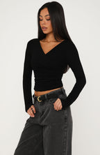 Sparks Fly Cinched Waist Off Shoulder Long Sleeve Top Black