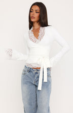 Better Left Unsaid Lace Trim Long Sleeve Top Off White