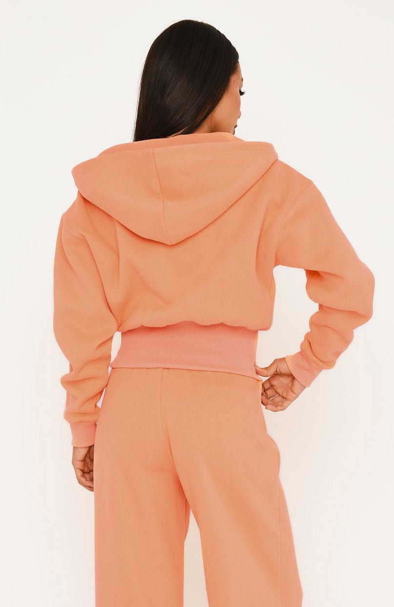 Wishing For It Cropped Cinched Zip Front Hoodie Peach