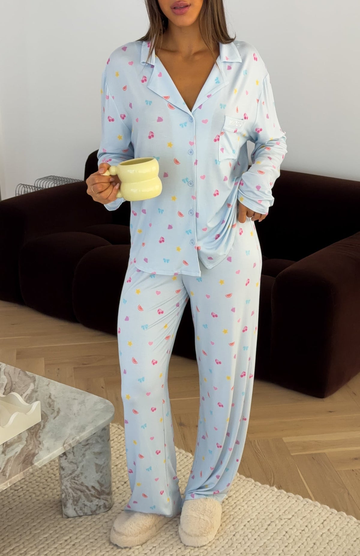 Pillow Talk Printed Long Sleeve Pyjama Set Blue Citrus
