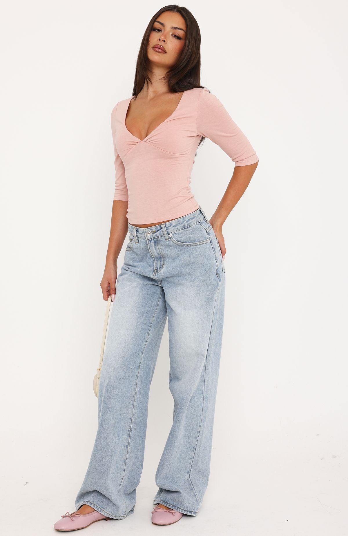Little Bit Of Everything 3/4 Sleeve V Neck Top Dusty Pink