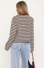 Cozy State Long Sleeve V Neck Tee Chocolate/Off White Stripe
