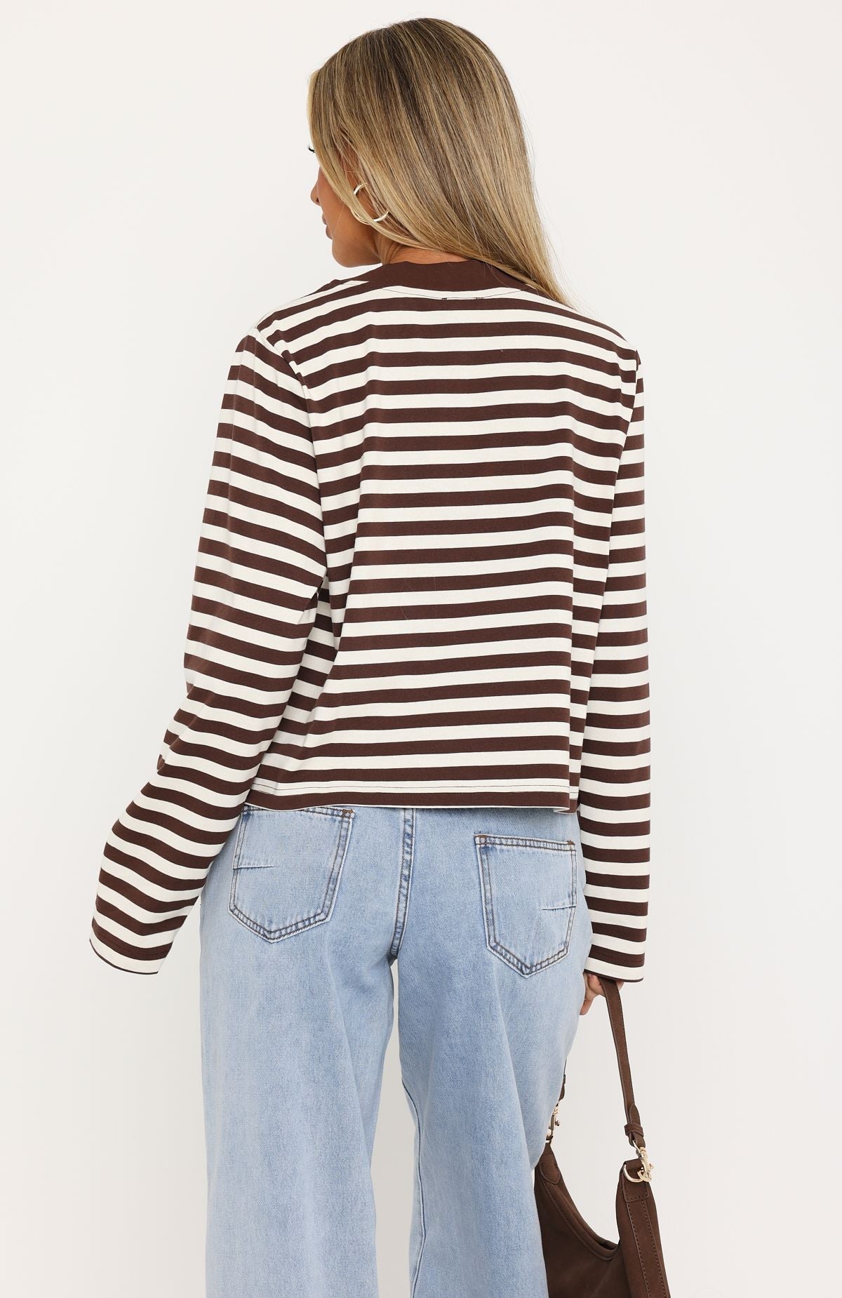 Cozy State Long Sleeve V Neck Tee Chocolate/Off White Stripe