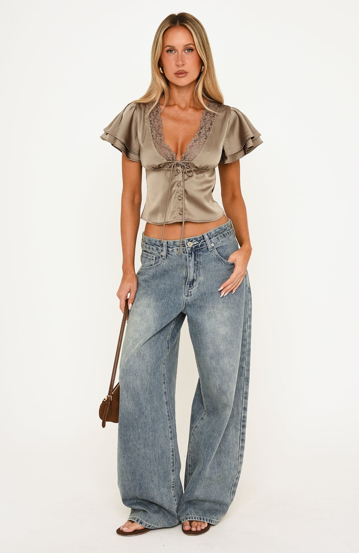 What We Don't Know Lace Trim Short Sleeve Top Mocha
