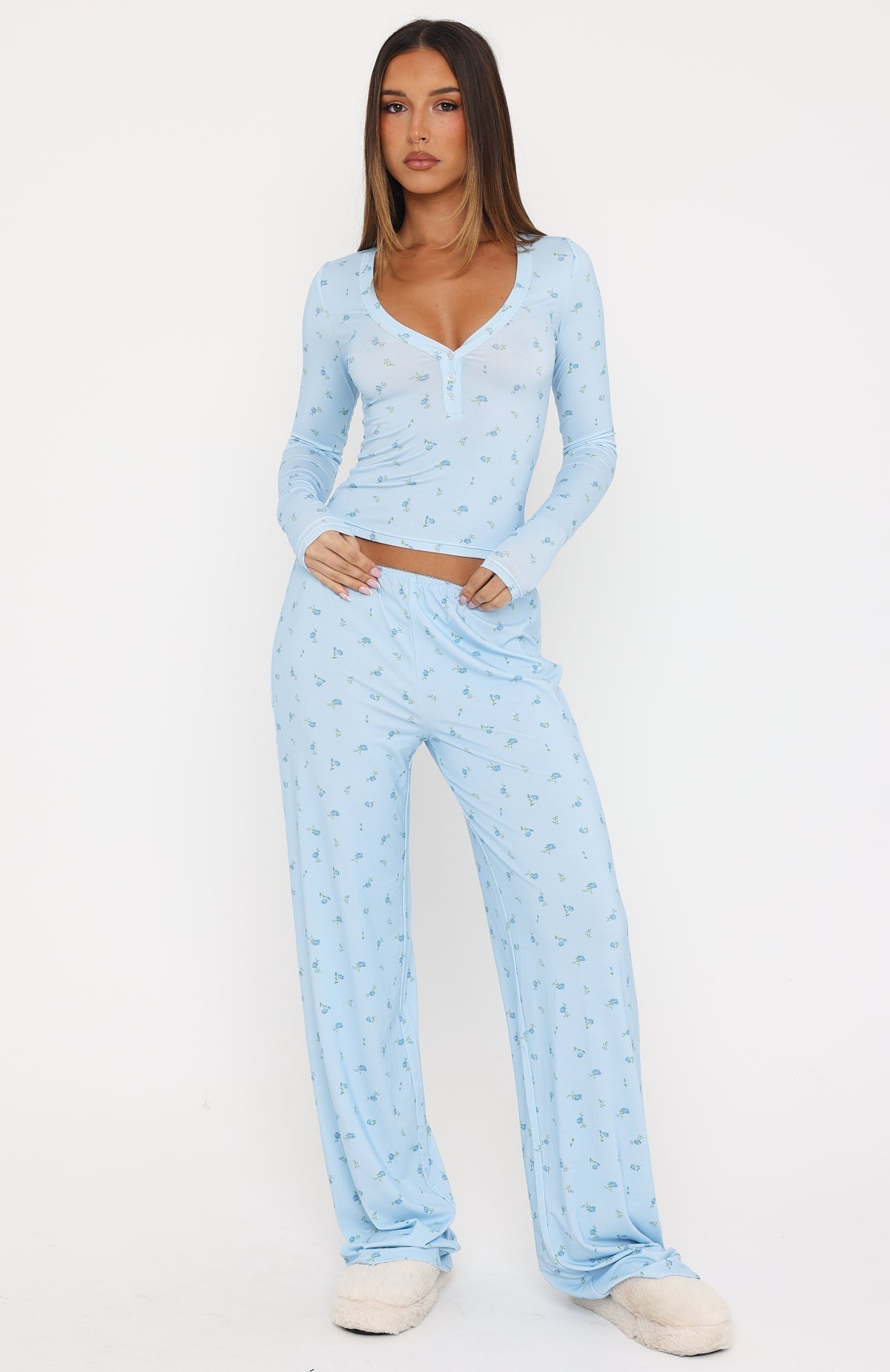 Dreamy Button Up Long Sleeve Pyjama Top Blue Ditsy