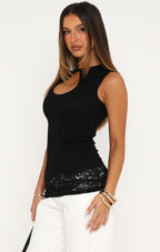Let The Drama Unfold Lace Longline Top Black