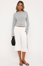 Levelled Up Cinched Waist Long Sleeve Top Grey Marle