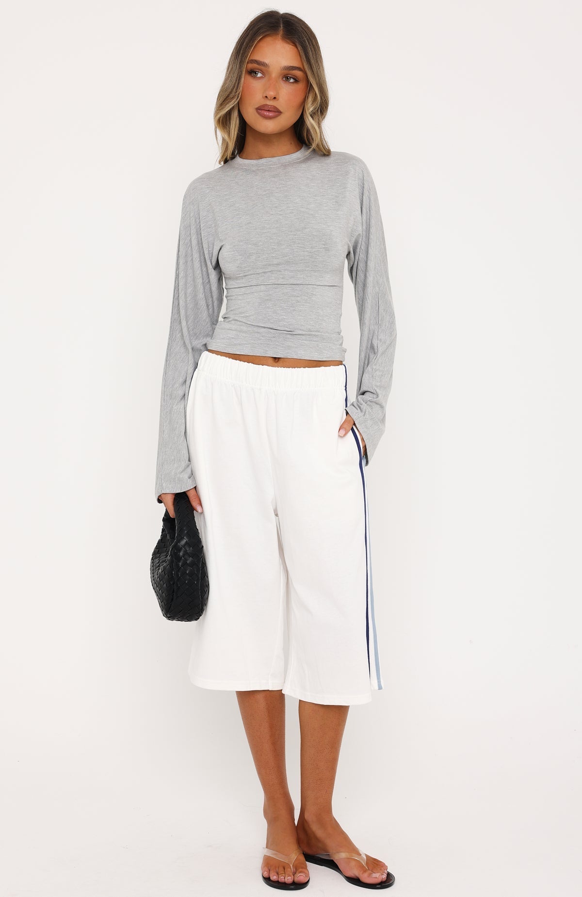 Levelled Up Cinched Waist Long Sleeve Top Grey Marle