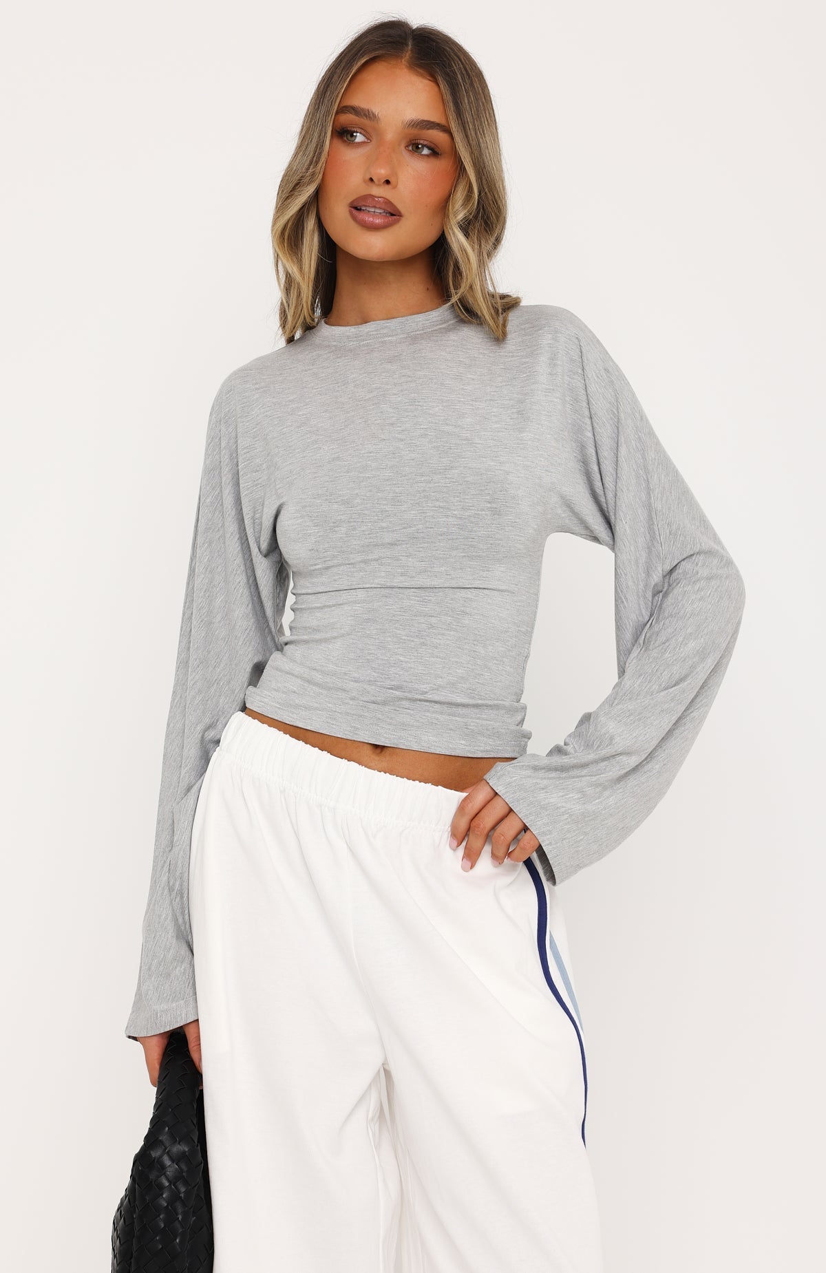 Levelled Up Cinched Waist Long Sleeve Top Grey Marle