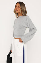 Levelled Up Cinched Waist Long Sleeve Top Grey Marle