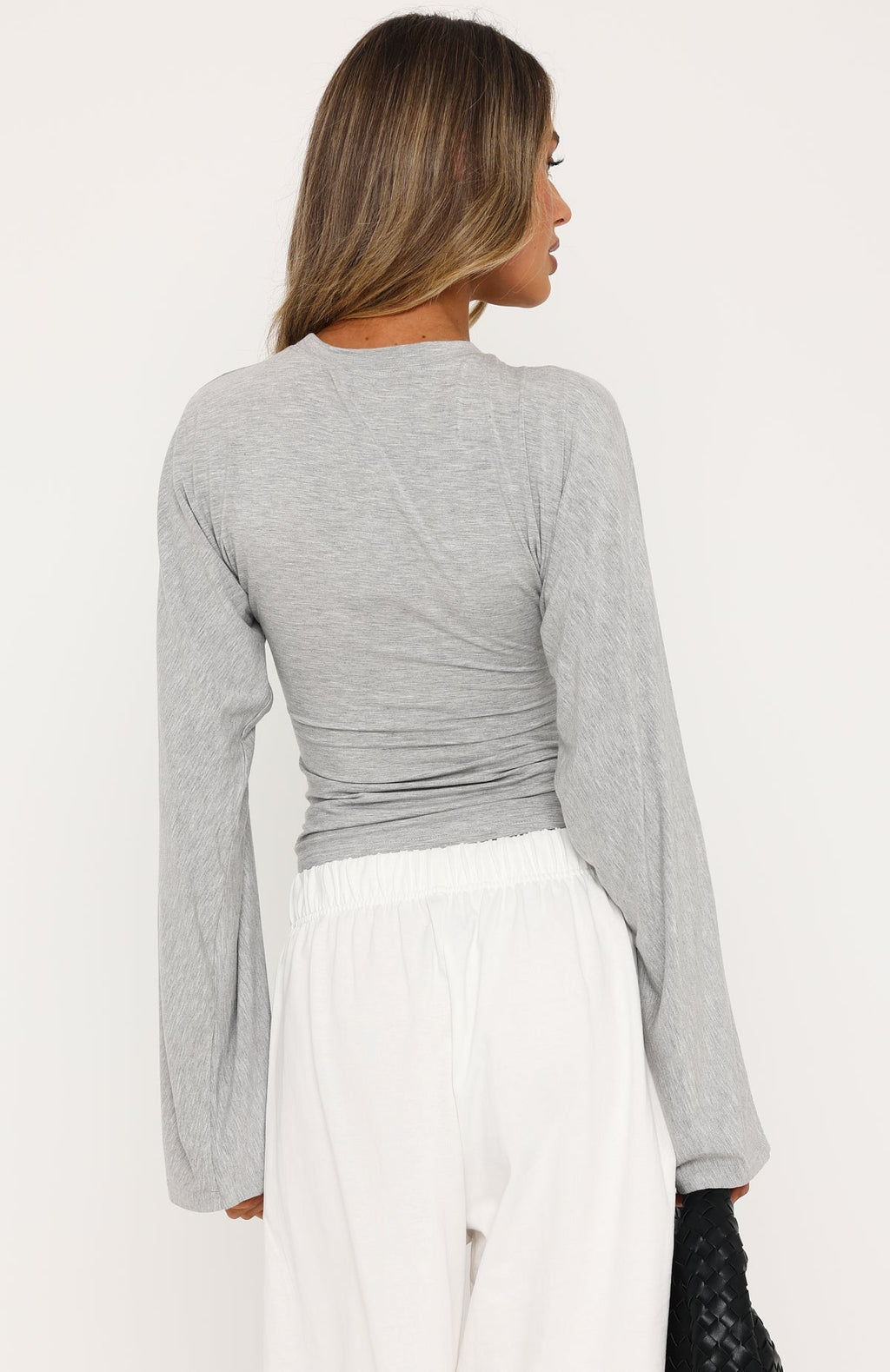 Levelled Up Cinched Waist Long Sleeve Top Grey Marle