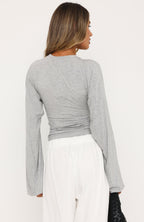 Levelled Up Cinched Waist Long Sleeve Top Grey Marle