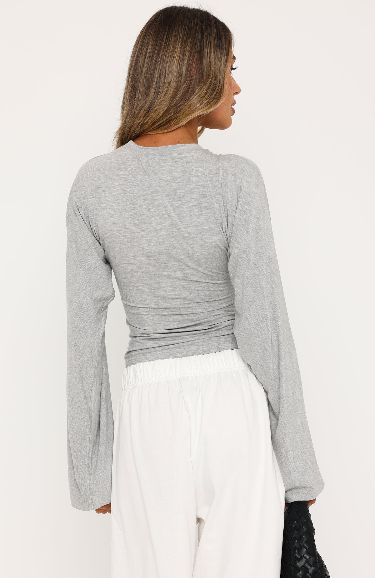 Levelled Up Cinched Waist Long Sleeve Top Grey Marle