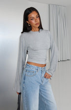 Levelled Up Cinched Waist Long Sleeve Top Grey Marle